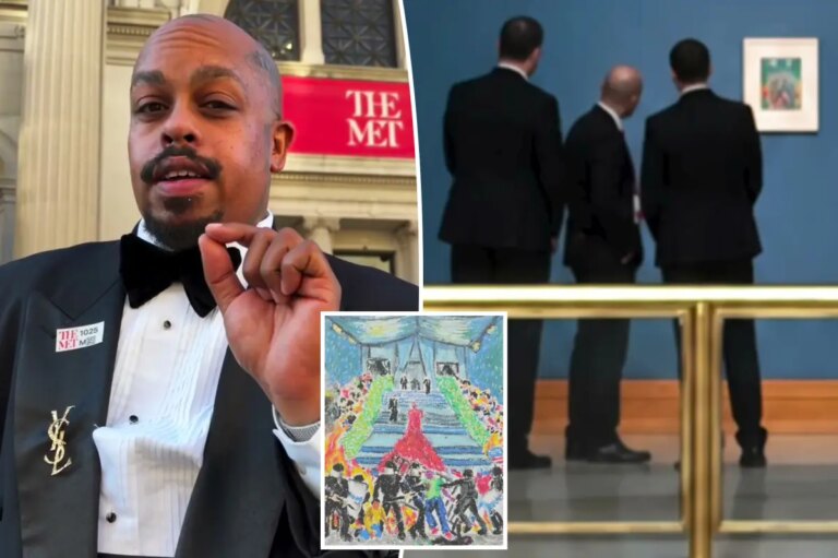 Artist David Sabastian pranks the Met by illegally hanging art piece criticizing the Met Gala